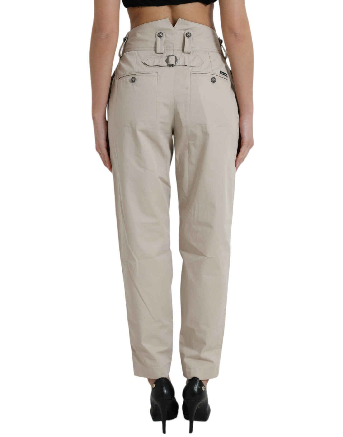 Beige Cotton High Waist Tapered Pants