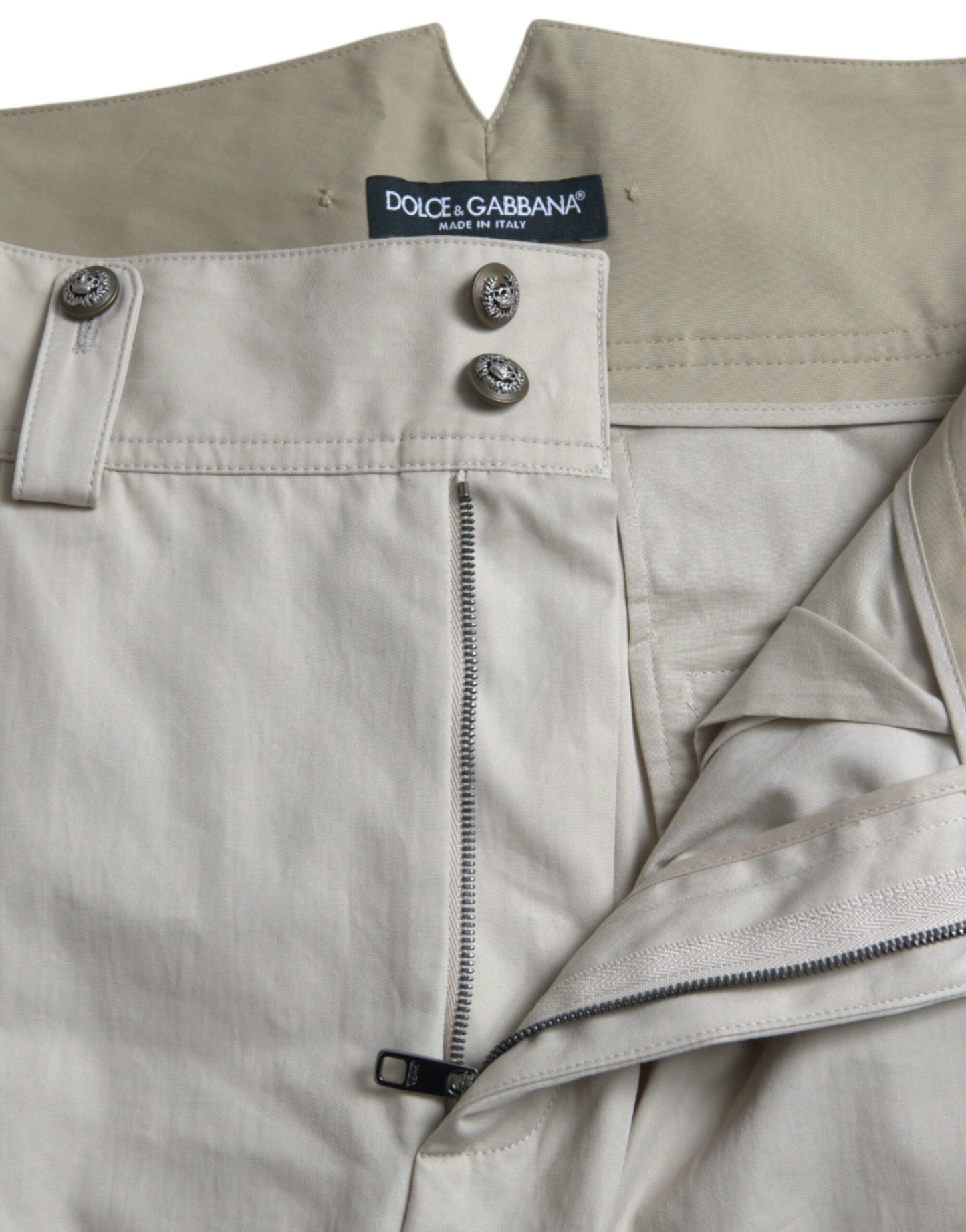 Beige Cotton High Waist Tapered Pants