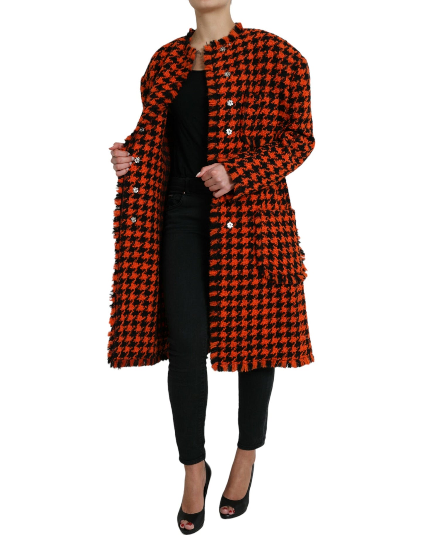 Orange Houndstooth Long Sleeve Coat Jacket