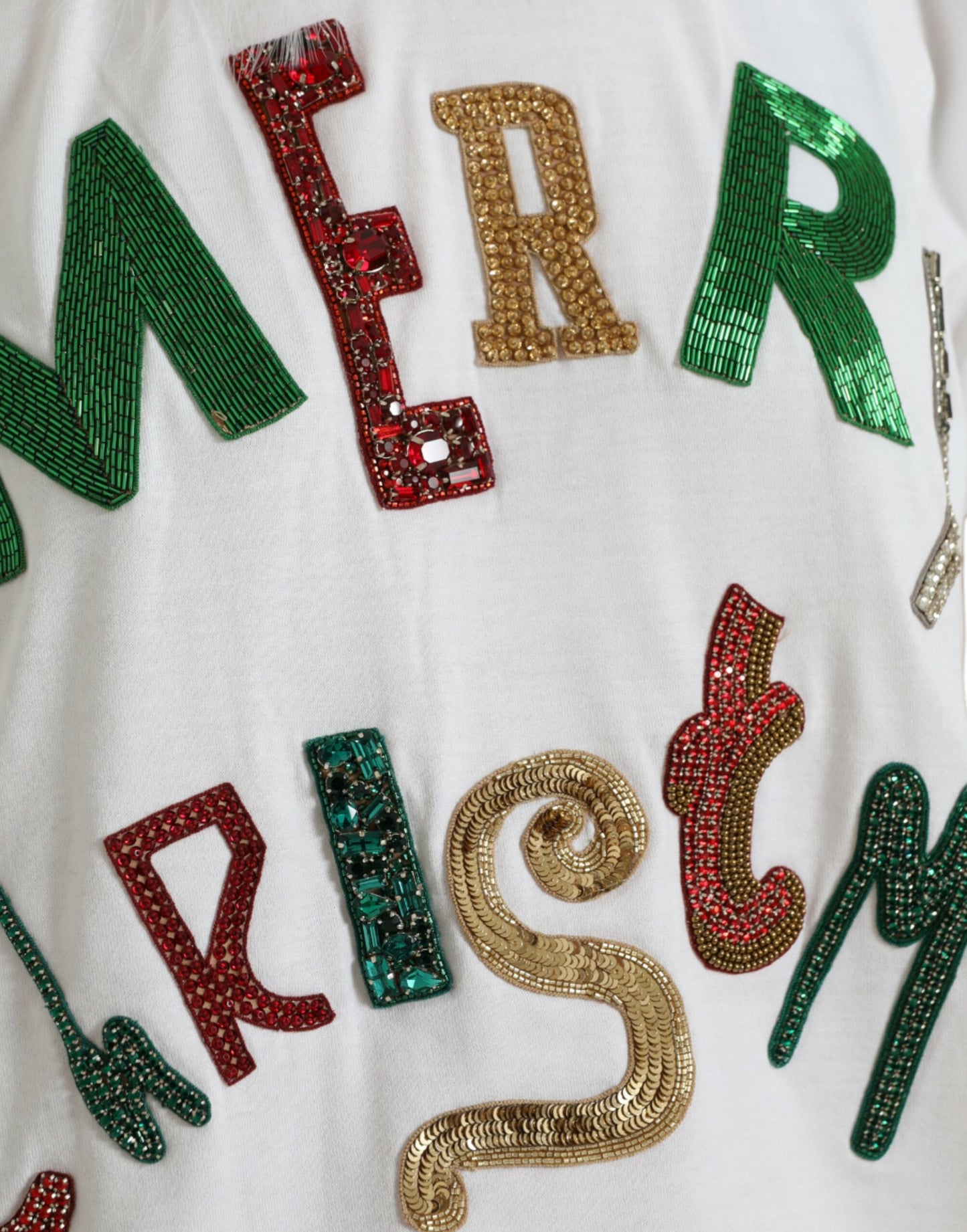 White Cotton Christmas Sequin Fur T-shirt