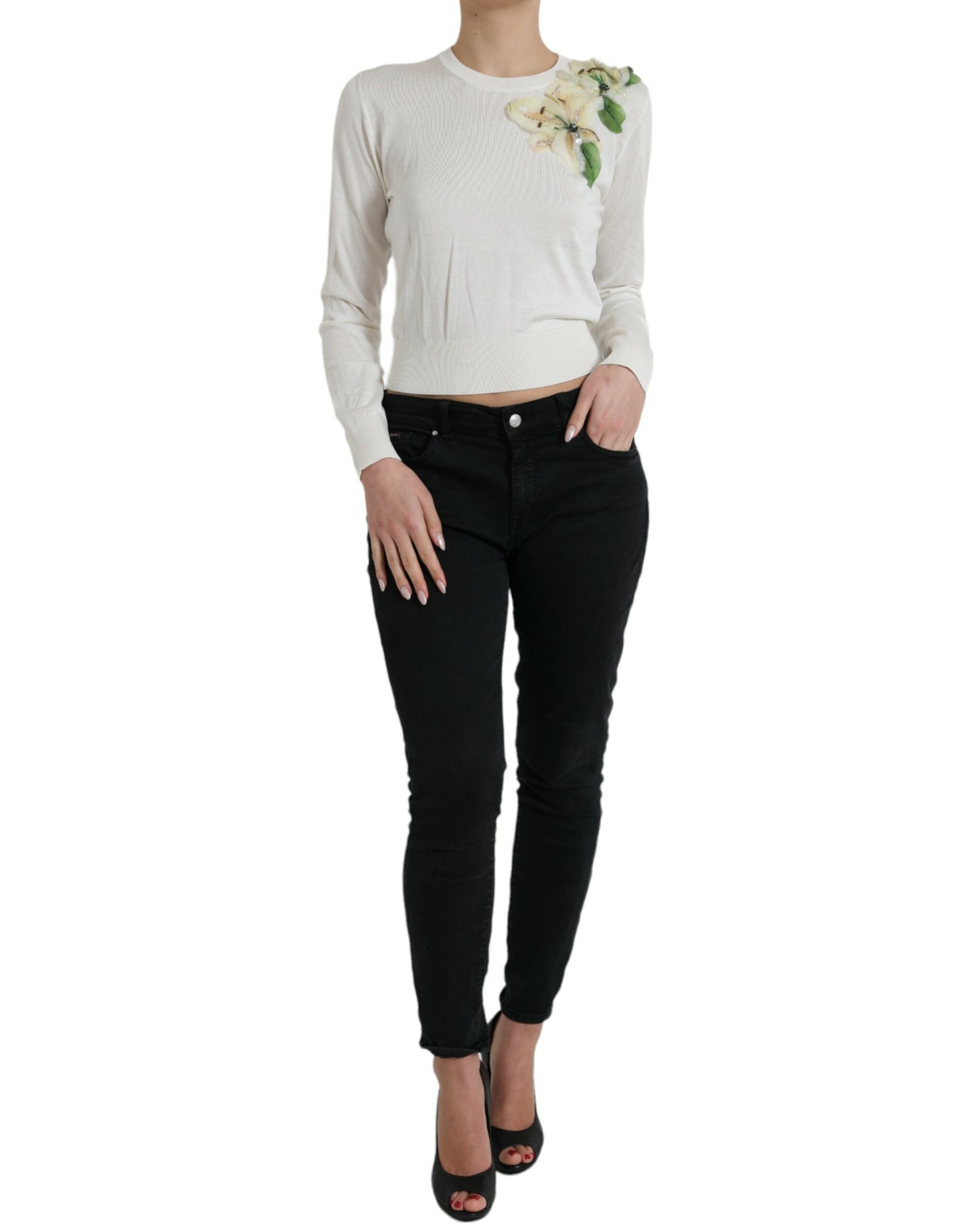 White Floral Silk Crew Neck Pullover Sweater