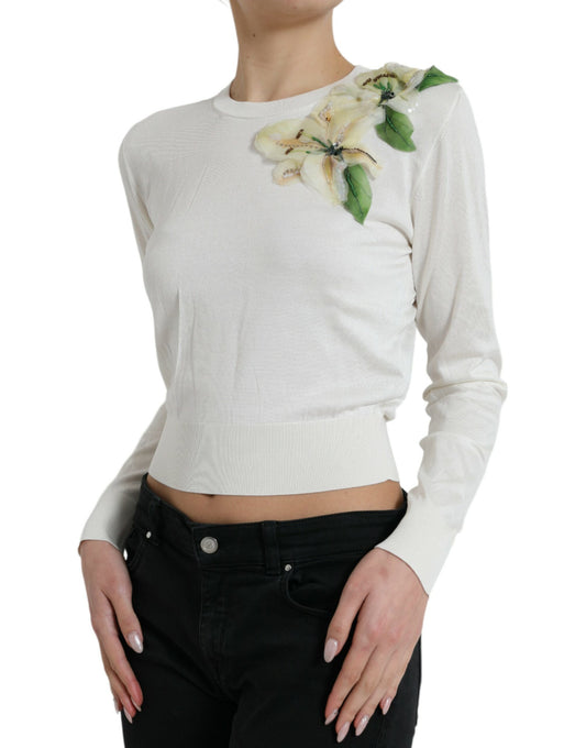 White Floral Silk Crew Neck Pullover Sweater