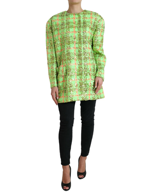 Green Nylon Sequinned Checkered Coat Jacket