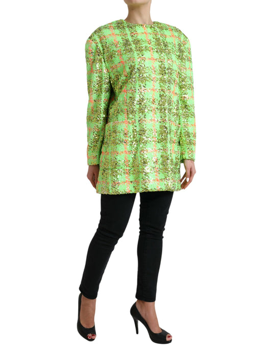 Green Nylon Sequinned Checkered Coat Jacket