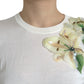 White Floral Silk Crew Neck Pullover Sweater