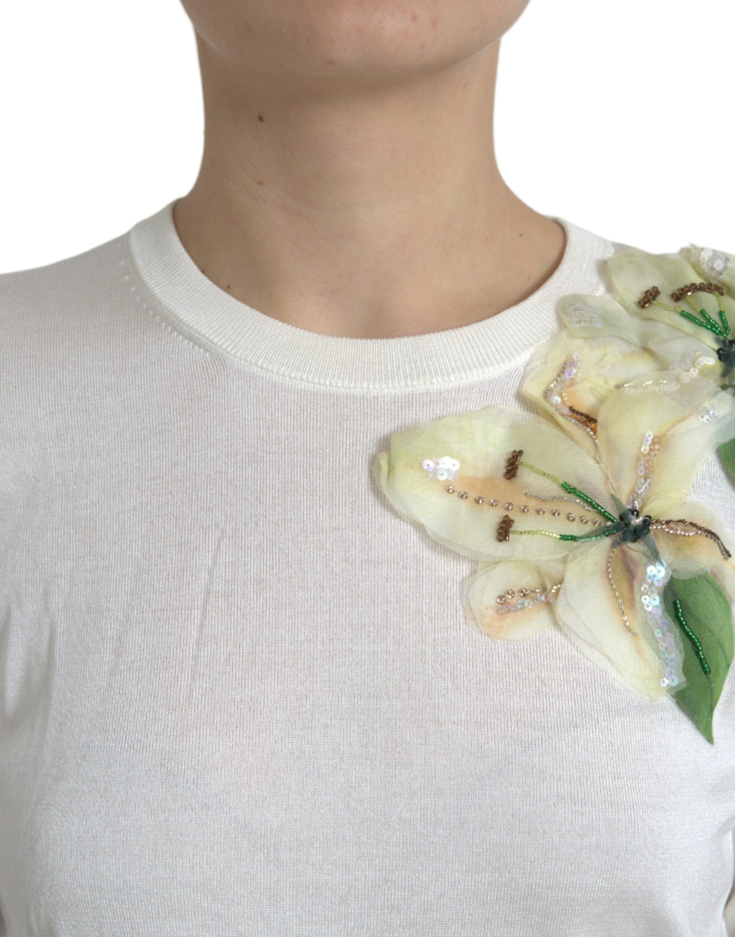 White Floral Silk Crew Neck Pullover Sweater