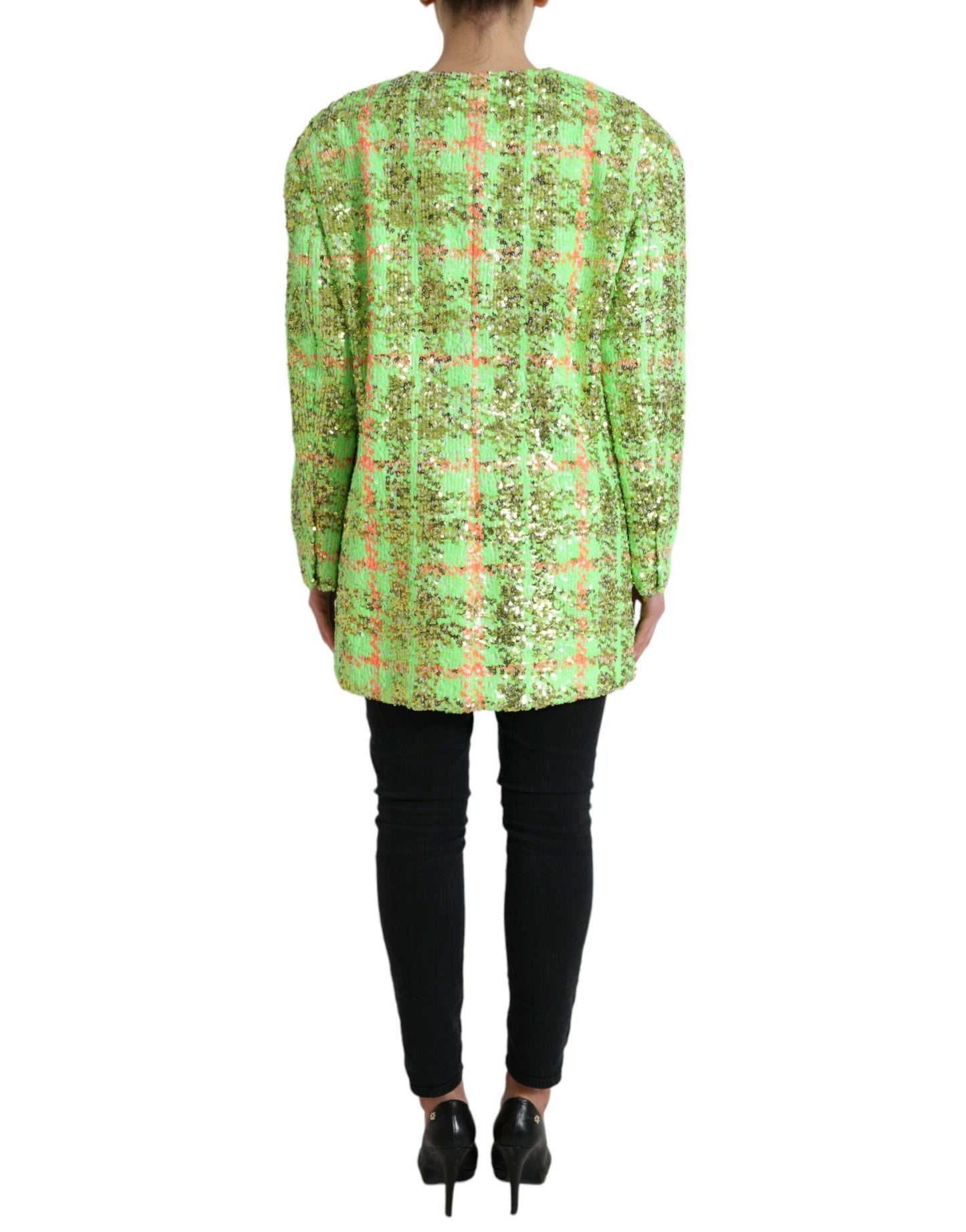 Green Nylon Sequinned Checkered Coat Jacket