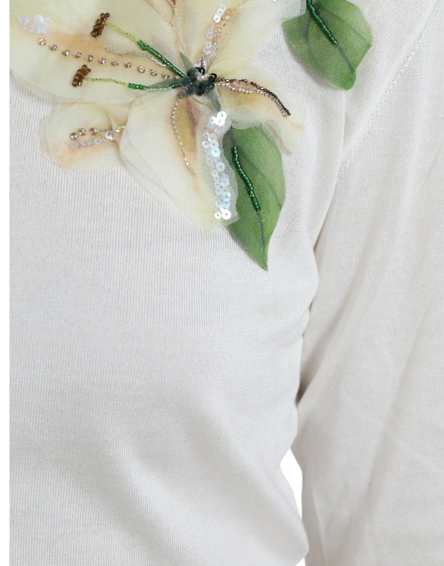 White Floral Silk Crew Neck Pullover Sweater