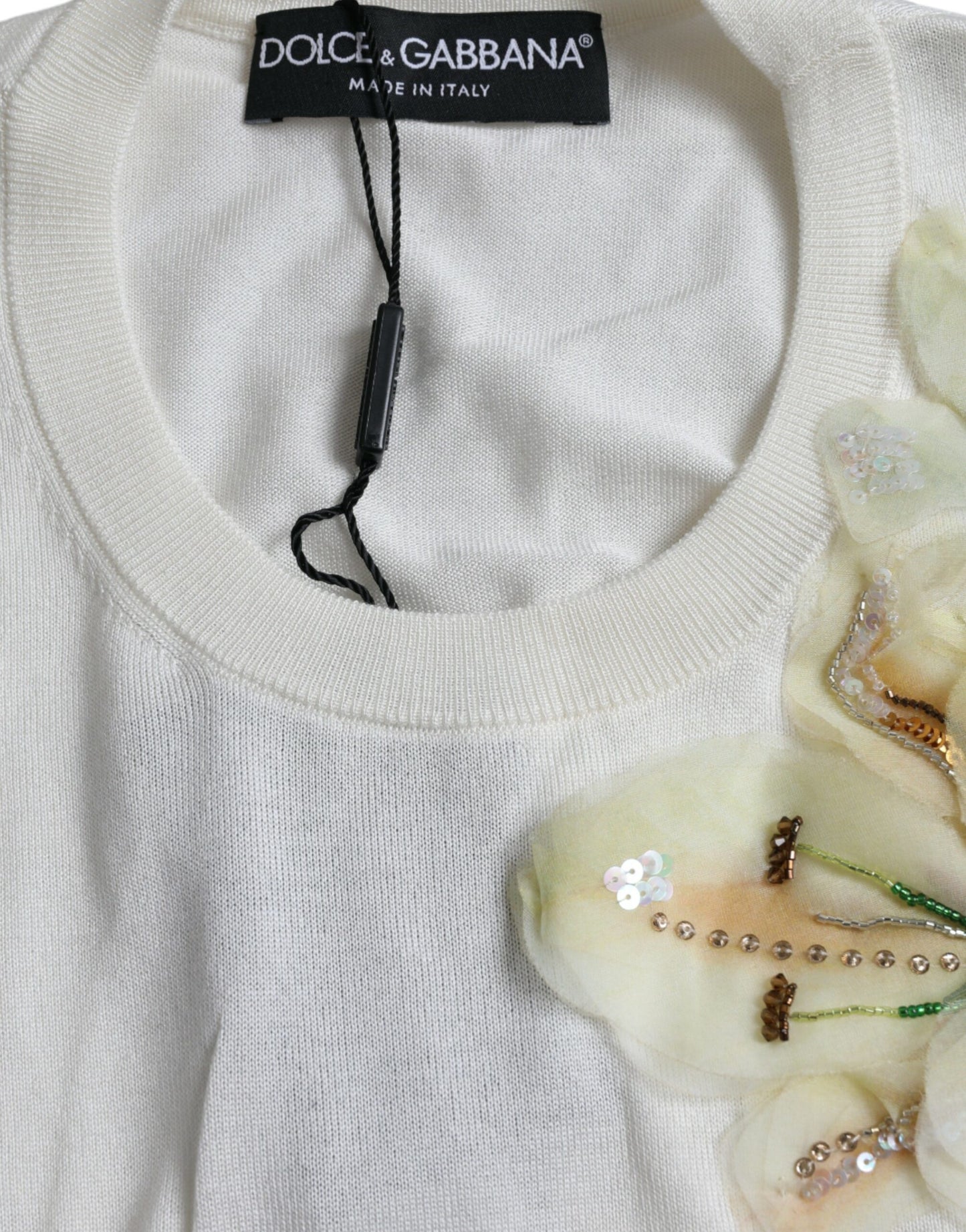 White Floral Silk Crew Neck Pullover Sweater