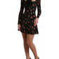 Black Floral A-line Long Sleeves Mini Dress