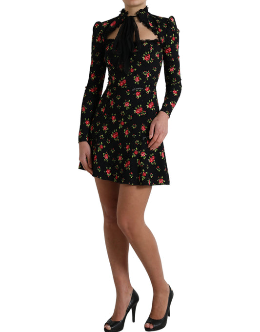 Black Floral A-line Long Sleeves Mini Dress