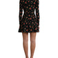 Black Floral A-line Long Sleeves Mini Dress