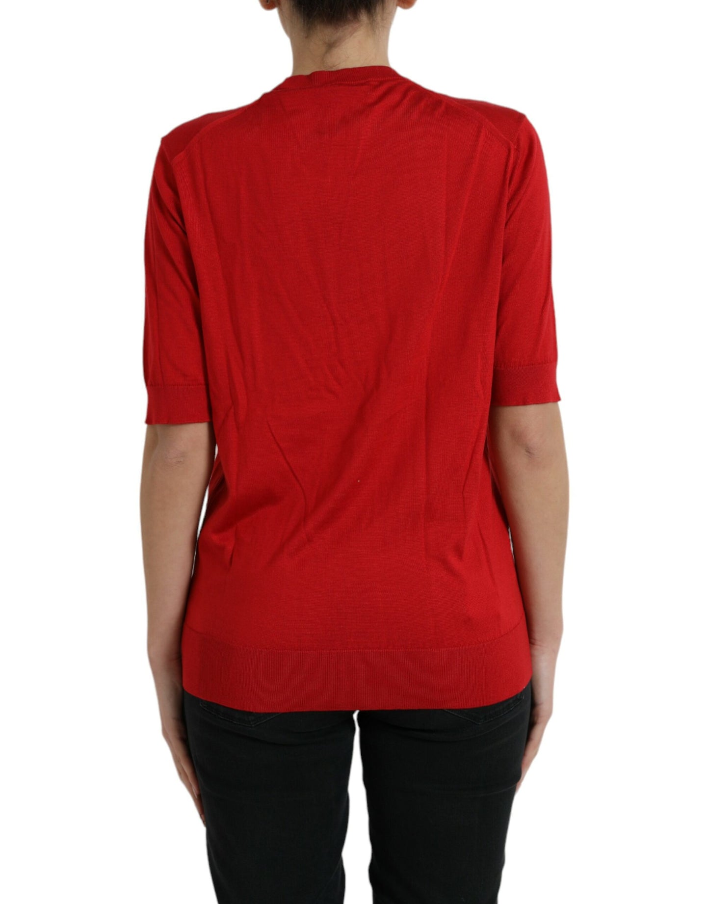 Red Silk Crew Neck Short Sleeves T-shirt Top