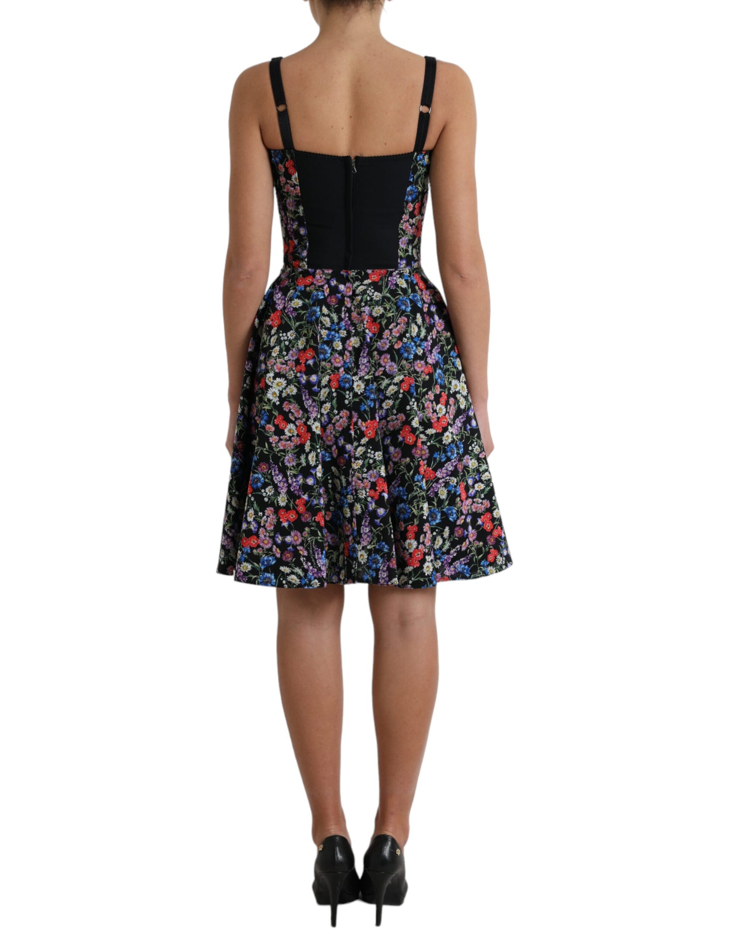 Black Polyester Floral A-line Sleeveless Mini Dress