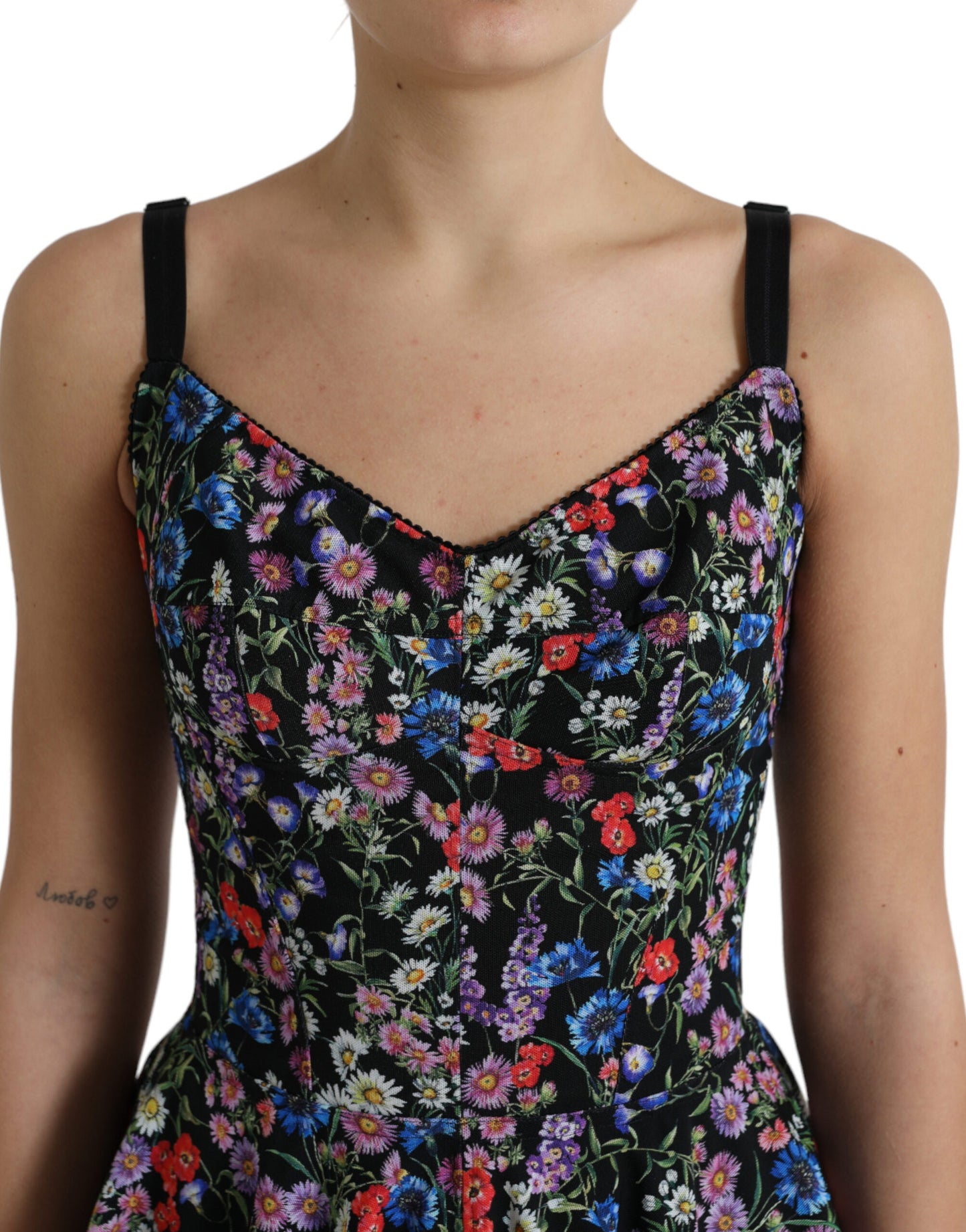 Black Polyester Floral A-line Sleeveless Mini Dress