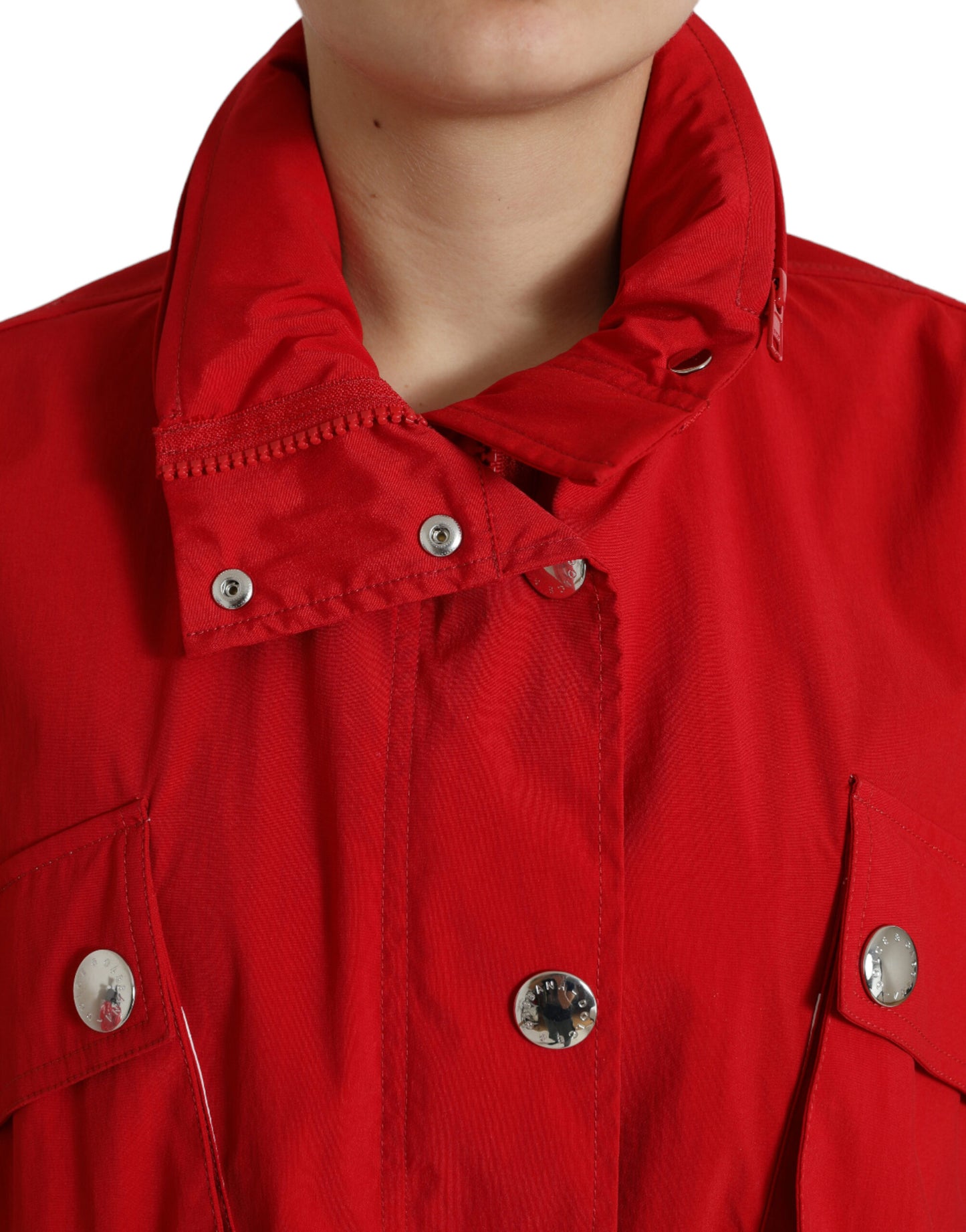 Red Polyester Hooded Button Rain Coat Jacket