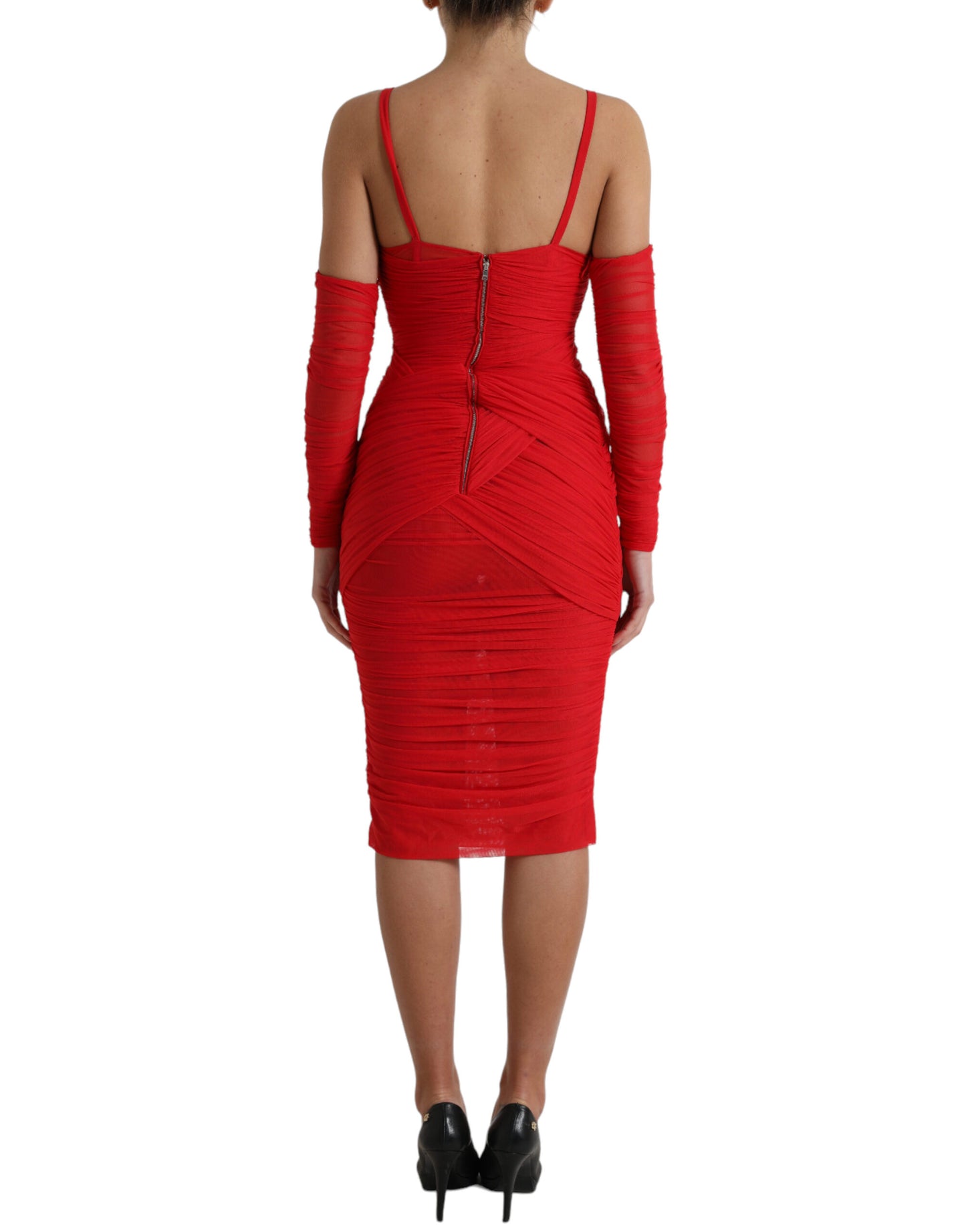 Red Nylon Stretch Cut Out Midi Dress