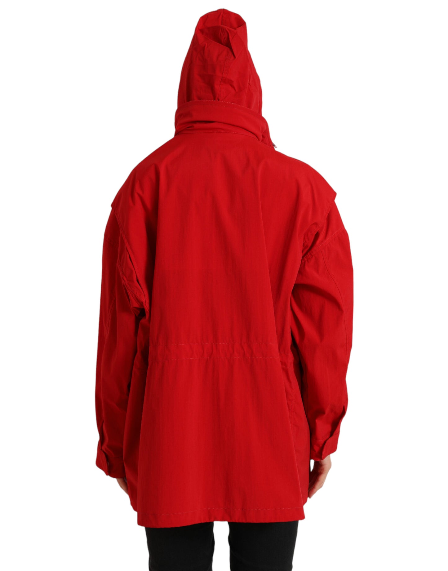 Red Polyester Hooded Button Rain Coat Jacket