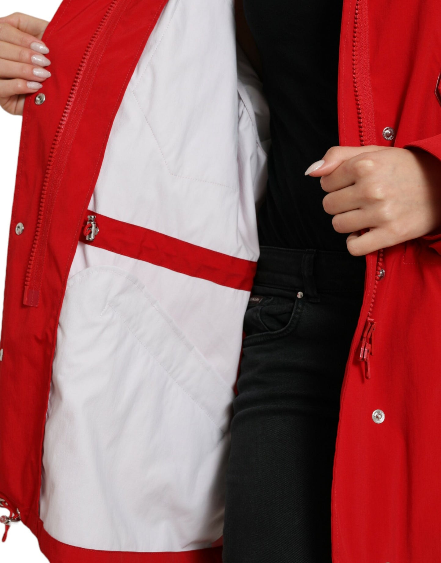 Red Polyester Hooded Button Rain Coat Jacket