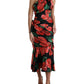 Black Shiny Silk Floral Print Draped Dress