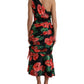 Black Shiny Silk Floral Print Draped Dress