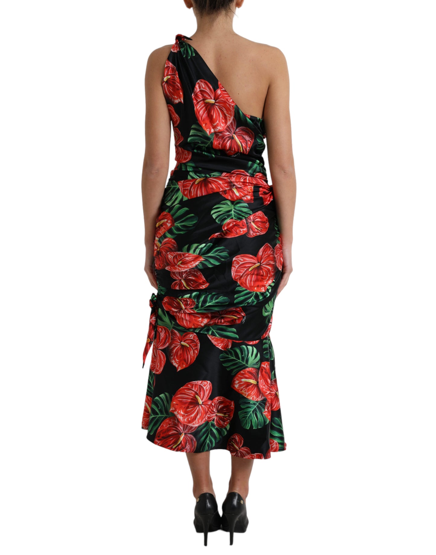 Black Shiny Silk Floral Print Draped Dress