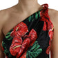 Black Shiny Silk Floral Print Draped Dress