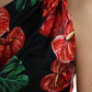 Black Shiny Silk Floral Print Draped Dress