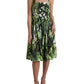 Green Leaf Print Cotton Halter Midi Dress