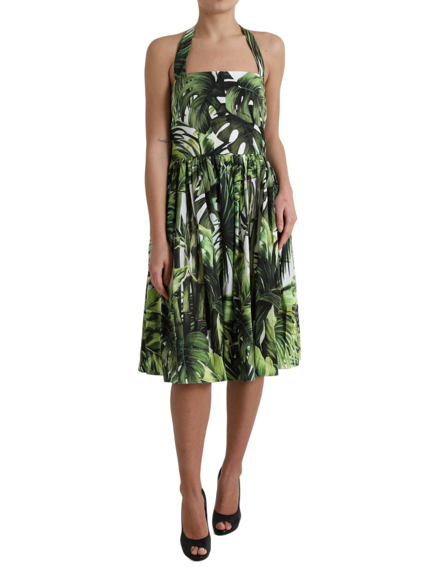 Green Leaf Print Cotton Halter Midi Dress