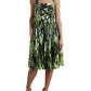 Green Leaf Print Cotton Halter Midi Dress