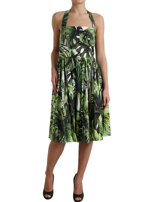 Green Leaf Print Cotton Halter Midi Dress