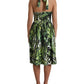 Green Leaf Print Cotton Halter Midi Dress