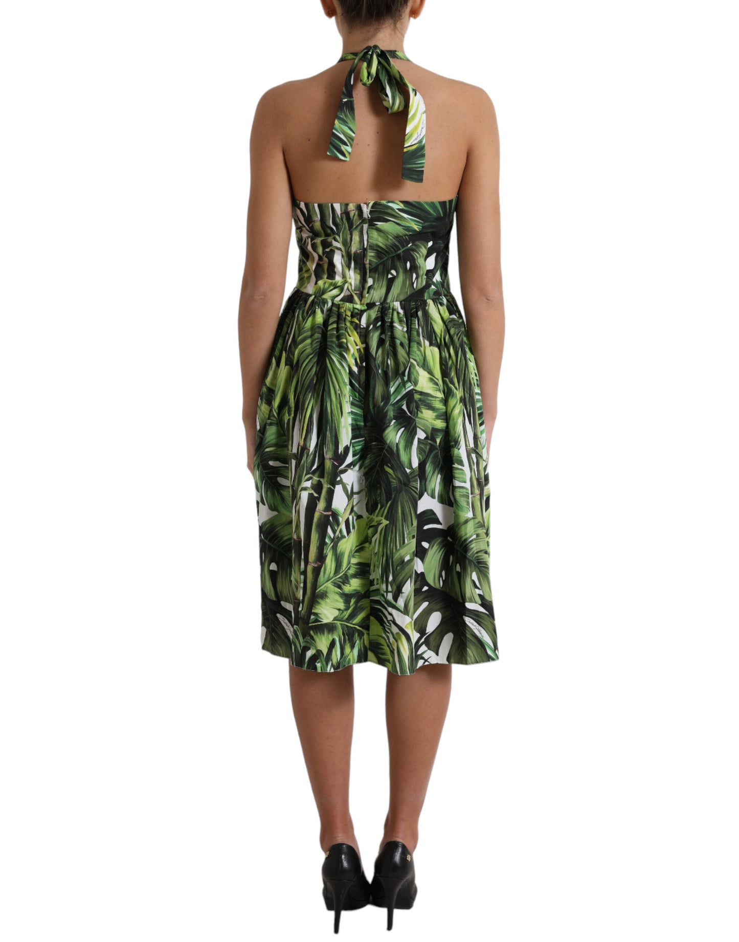 Green Leaf Print Cotton Halter Midi Dress