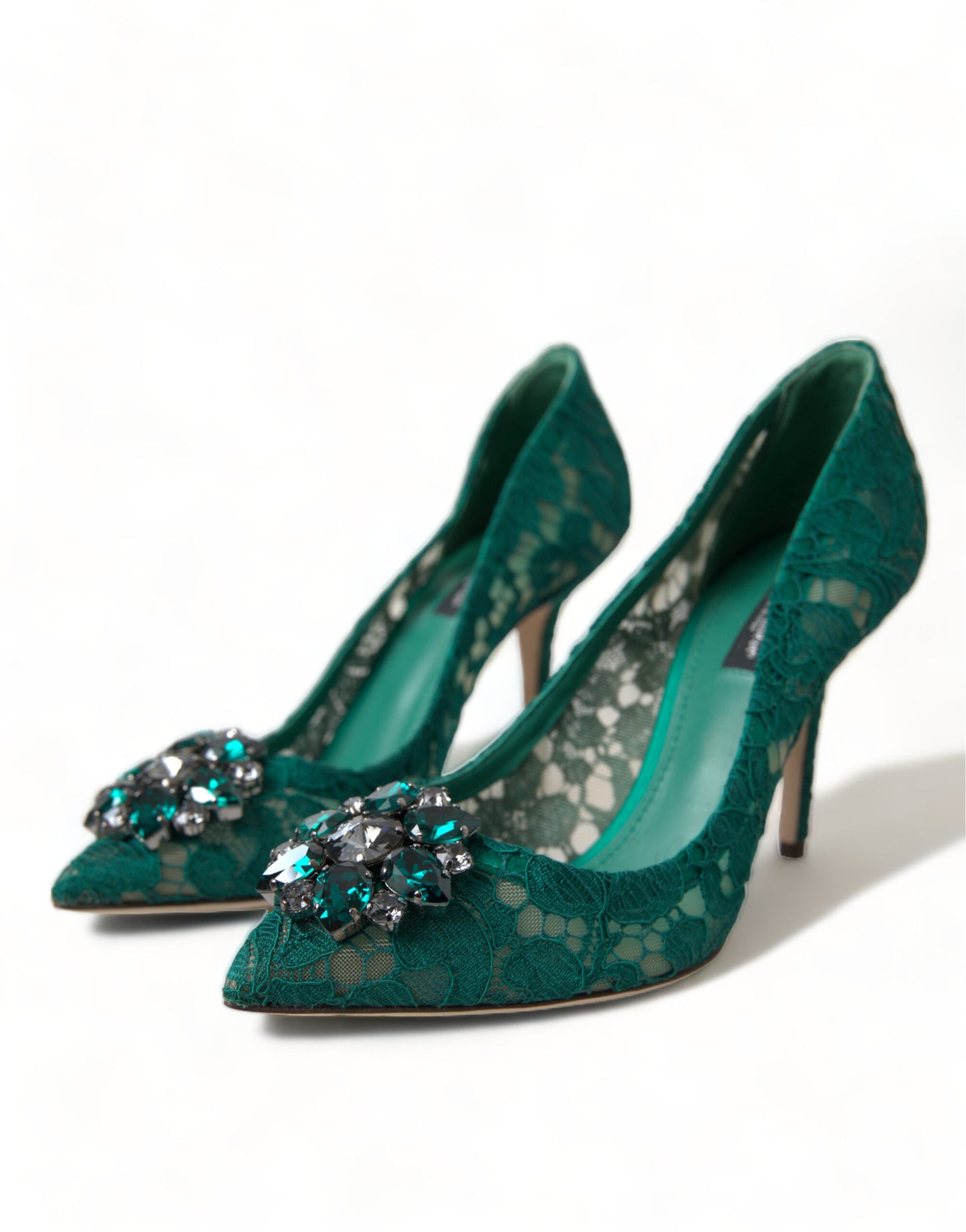 Elegant Green Crystal-Embellished Lace Heels