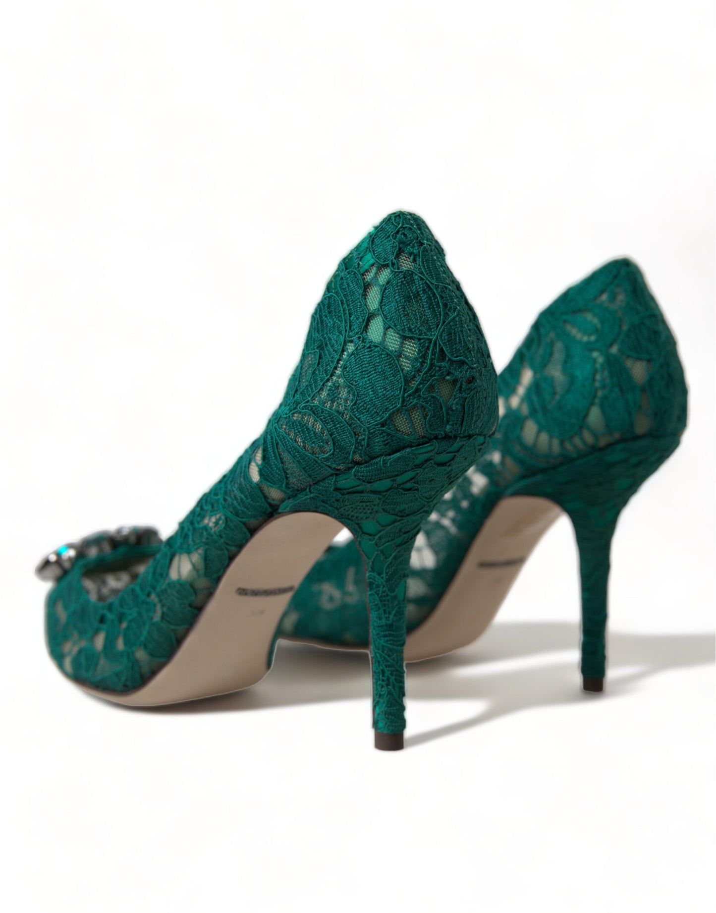 Elegant Green Crystal-Embellished Lace Heels