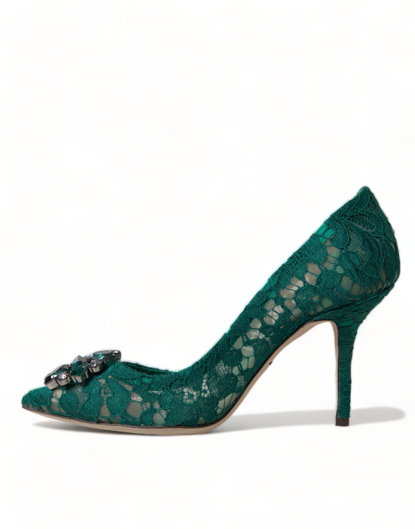 Elegant Green Crystal-Embellished Lace Heels