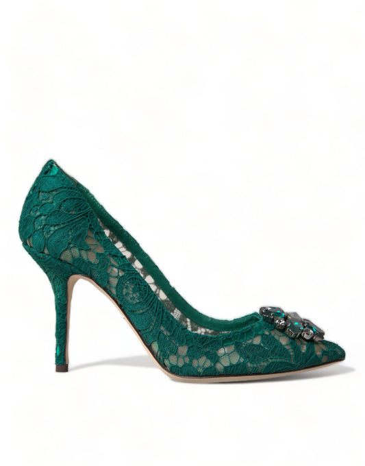 Elegant Green Crystal-Embellished Lace Heels