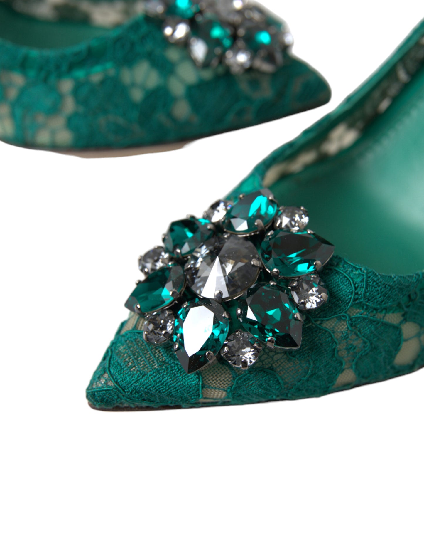 Elegant Green Crystal-Embellished Lace Heels