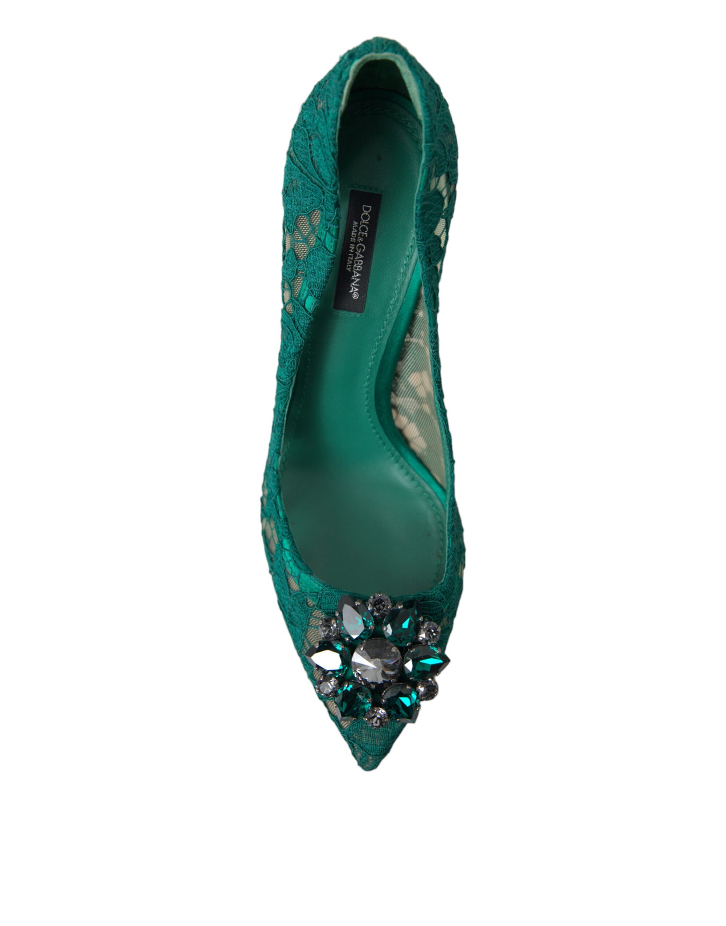 Elegant Green Crystal-Embellished Lace Heels