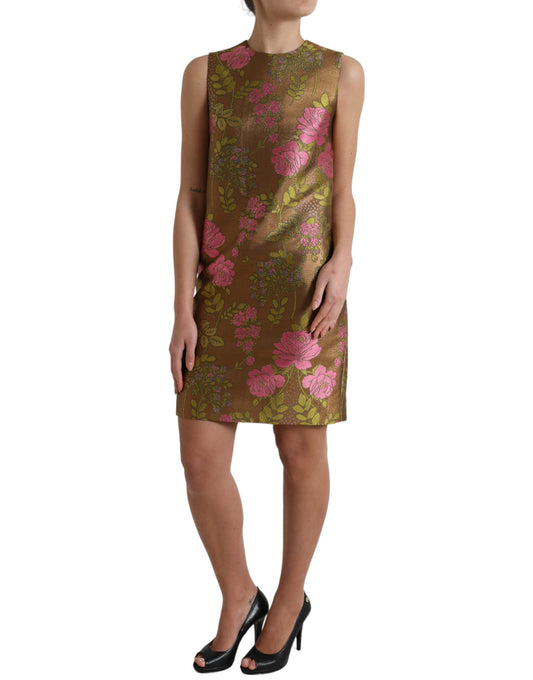 Brown Floral Jacquard Sleeveless Mini Dress