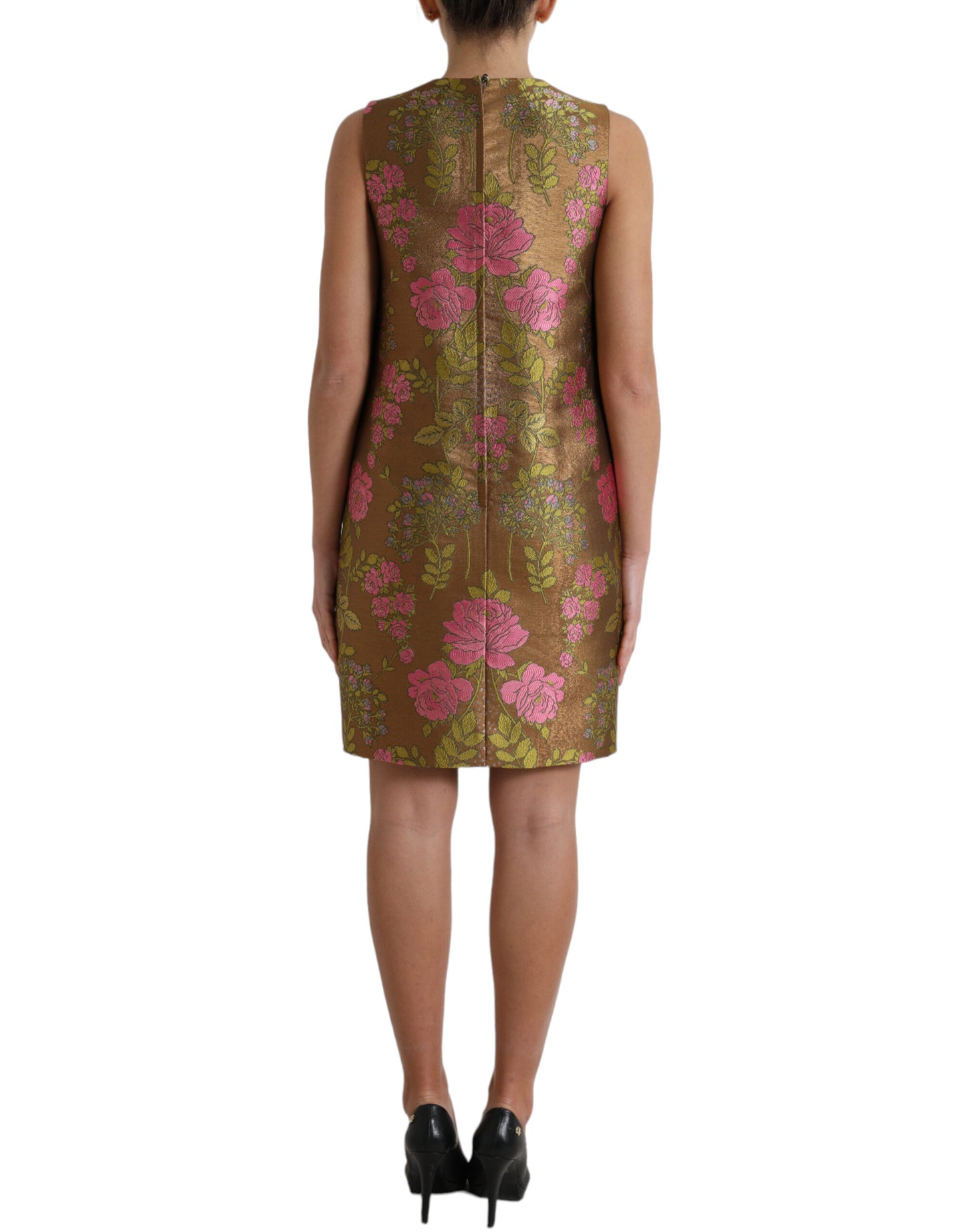 Brown Floral Jacquard Sleeveless Mini Dress