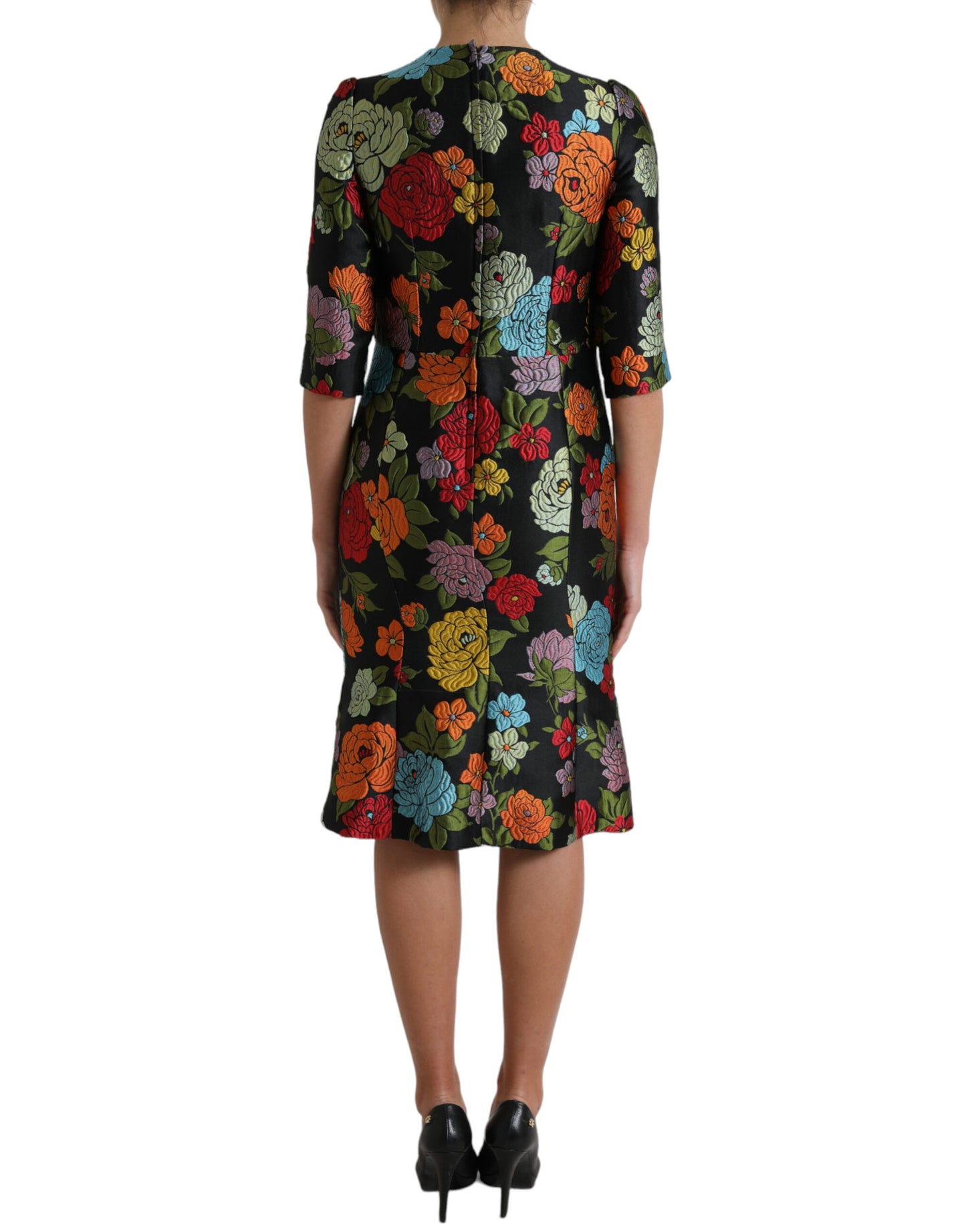 Black Floral Embroidery Knee Length Dress