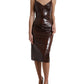 Brown Shiny Silk Sheath Sleeveless Bodycon Midi Dress