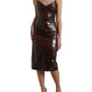 Brown Shiny Silk Sheath Sleeveless Bodycon Midi Dress
