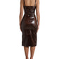 Brown Shiny Silk Sheath Sleeveless Bodycon Midi Dress
