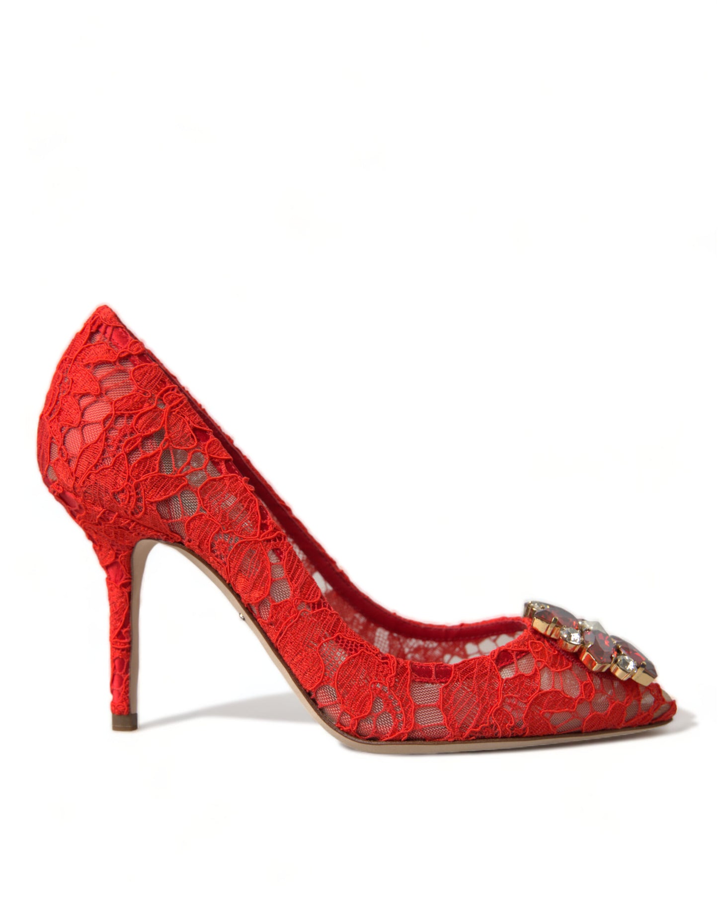 Exquisite Crystal-Embellished Red Lace Heels