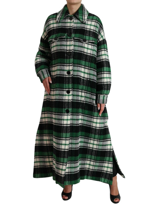 Green Plaid Long Sleeve Casual Coat Jacket