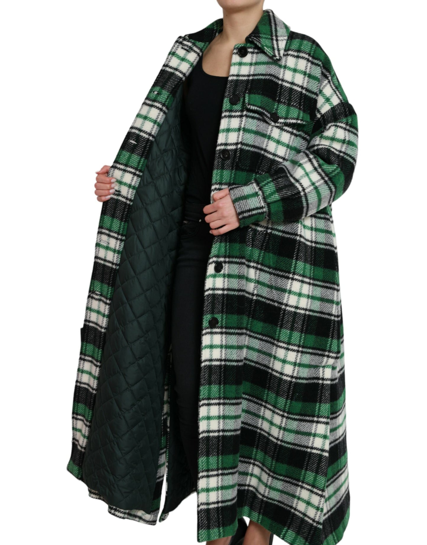 Green Plaid Long Sleeve Casual Coat Jacket