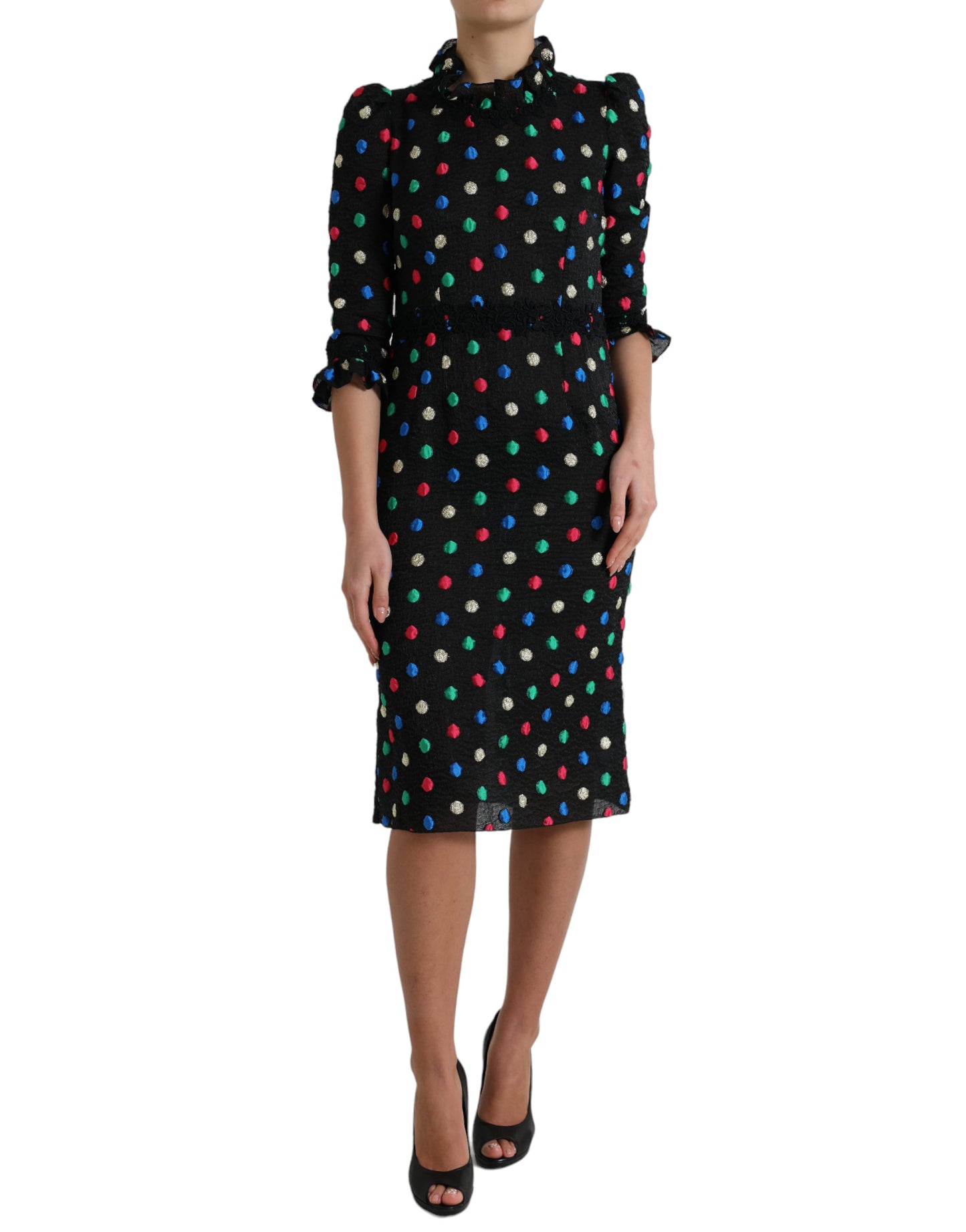 Black Polka Dot Ruffle Cotton Midi Dress